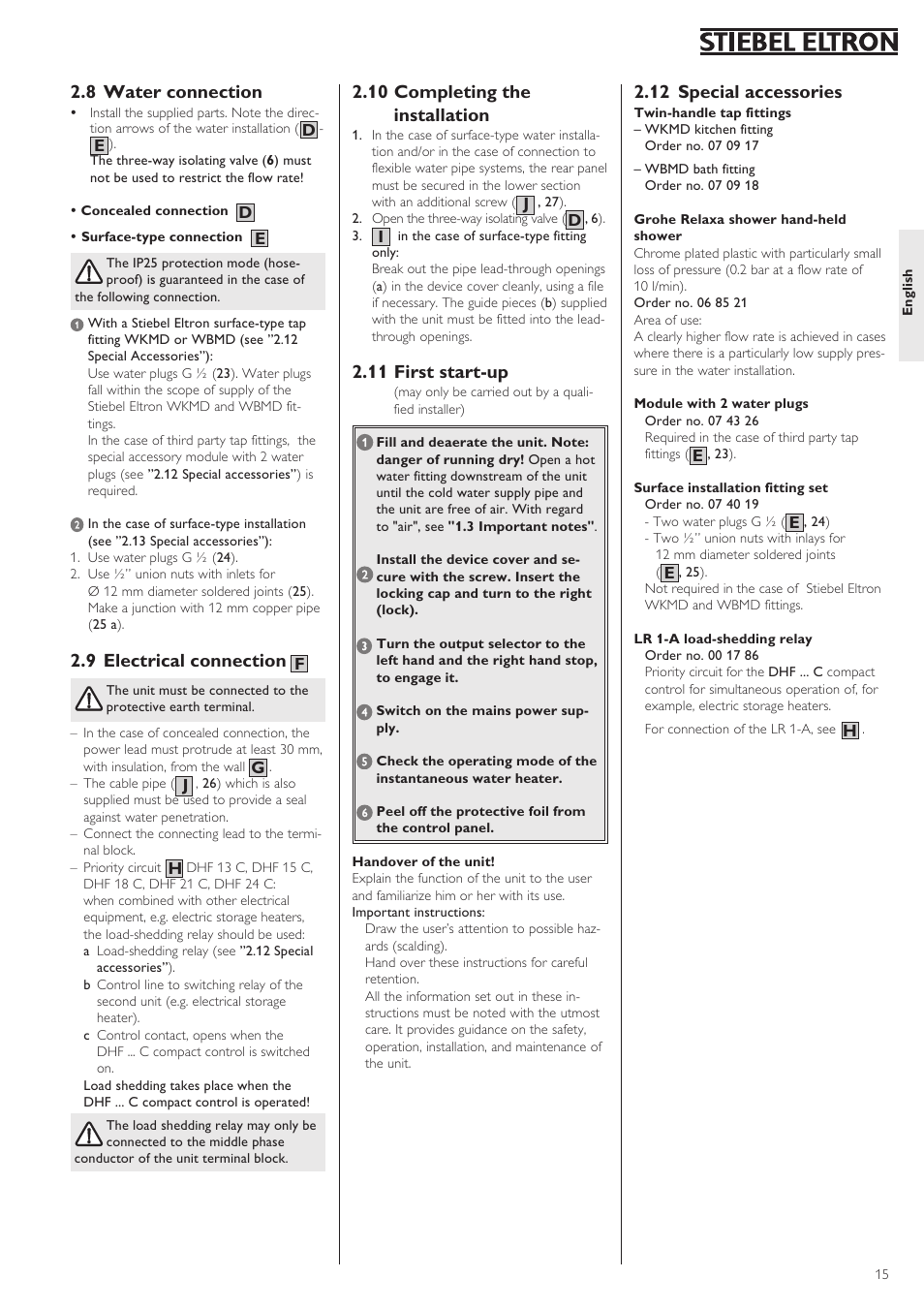 8 water connection, 9 electrical connection, 10 completing the installation | 11 first start-up, 12 special accessories | STIEBEL ELTRON DHF .. C 22.04.2002 - 31.01.2004 User Manual | Page 15 / 52