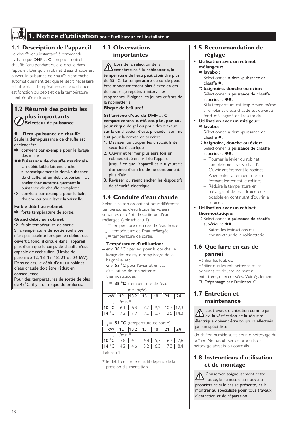 Notice d’utilisation, 5 recommandation de réglage, 6 que faire en cas de panne | 7 entretien et maintenance, 8 instructions d’utilisation et de montage, 3 observations importantes, 4 conduite d’eau chaude, 1 description de l’appareil, 2 résumé des points les plus importants | STIEBEL ELTRON DHF .. C 22.04.2002 - 31.01.2004 User Manual | Page 18 / 52