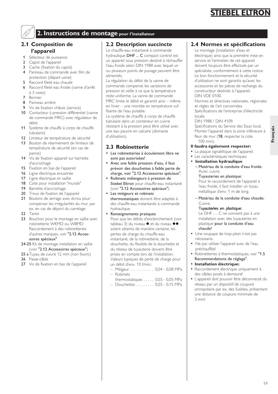 Instructions de montage, 4 normes et spécifications, 2 description succincte | 3 robinetterie, 1 composition de l’appareil | STIEBEL ELTRON DHF .. C 22.04.2002 - 31.01.2004 User Manual | Page 19 / 52