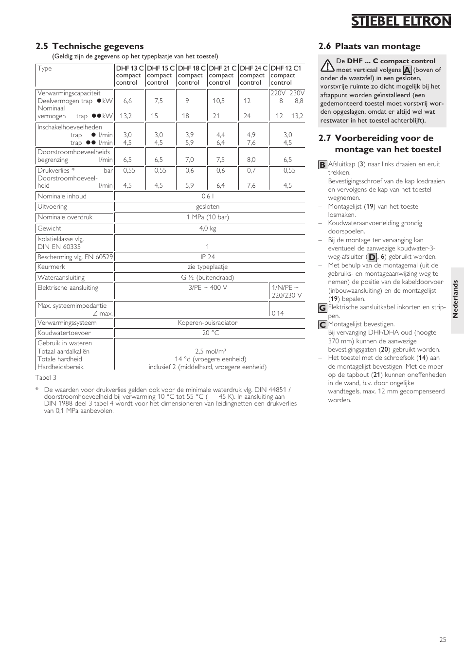 6 plaats van montage, 7 voorbereiding voor de montage van het toestel, 5 technische gegevens | STIEBEL ELTRON DHF .. C 22.04.2002 - 31.01.2004 User Manual | Page 25 / 52