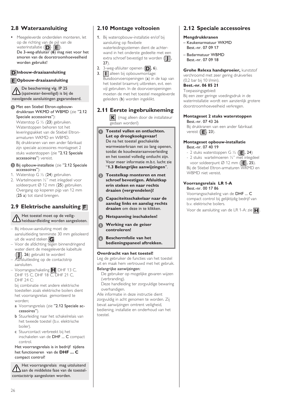 12 speciale accessoires, 8 wateraansluiting, 9 elektrische aansluiting f | 10 montage voltooien, 11 eerste ingebruikneming | STIEBEL ELTRON DHF .. C 22.04.2002 - 31.01.2004 User Manual | Page 26 / 52