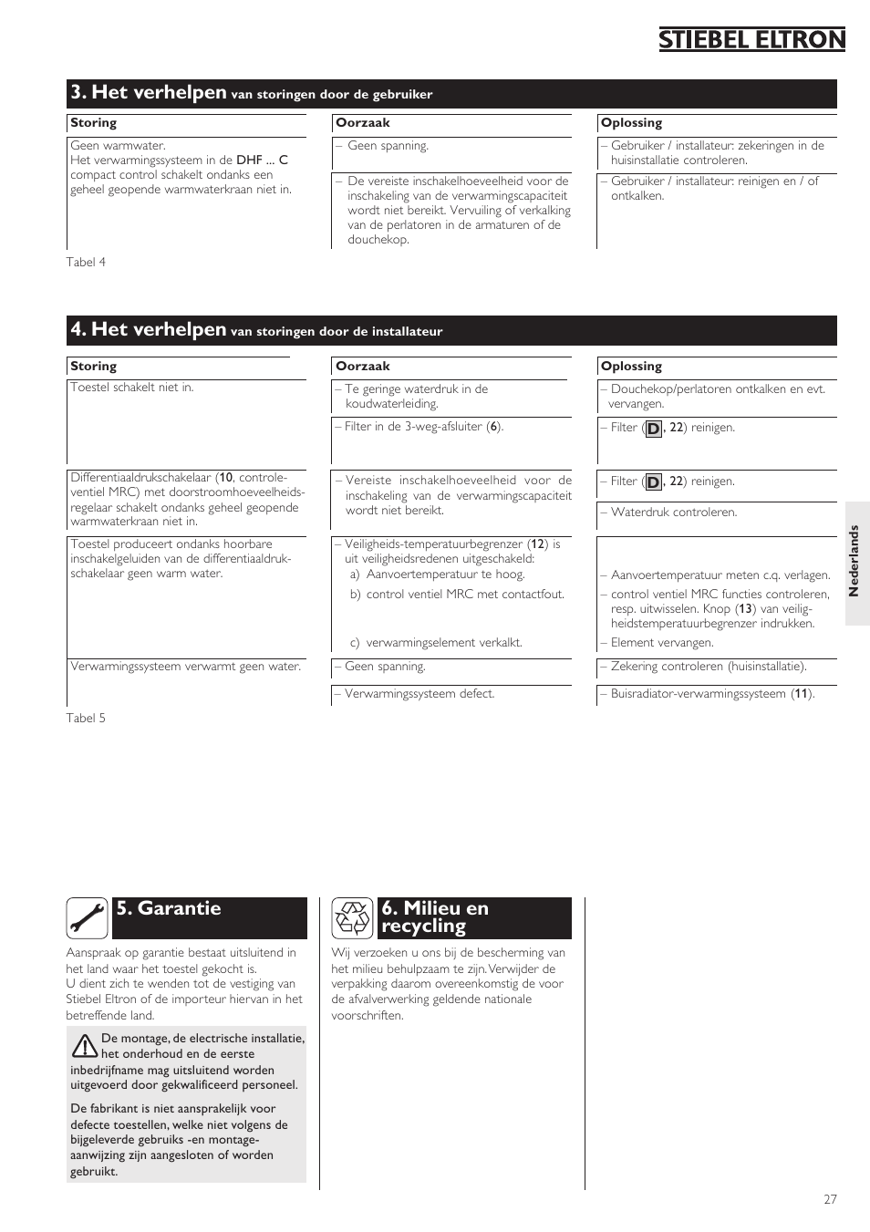 Garantie, Milieu en recycling, Het verhelpen | STIEBEL ELTRON DHF .. C 22.04.2002 - 31.01.2004 User Manual | Page 27 / 52