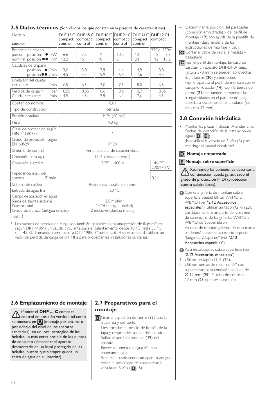6 emplazamiento de montaje, 5 datos técnicos, 7 preparativos para el montaje | 8 conexión hidráulica | STIEBEL ELTRON DHF .. C 22.04.2002 - 31.01.2004 User Manual | Page 30 / 52