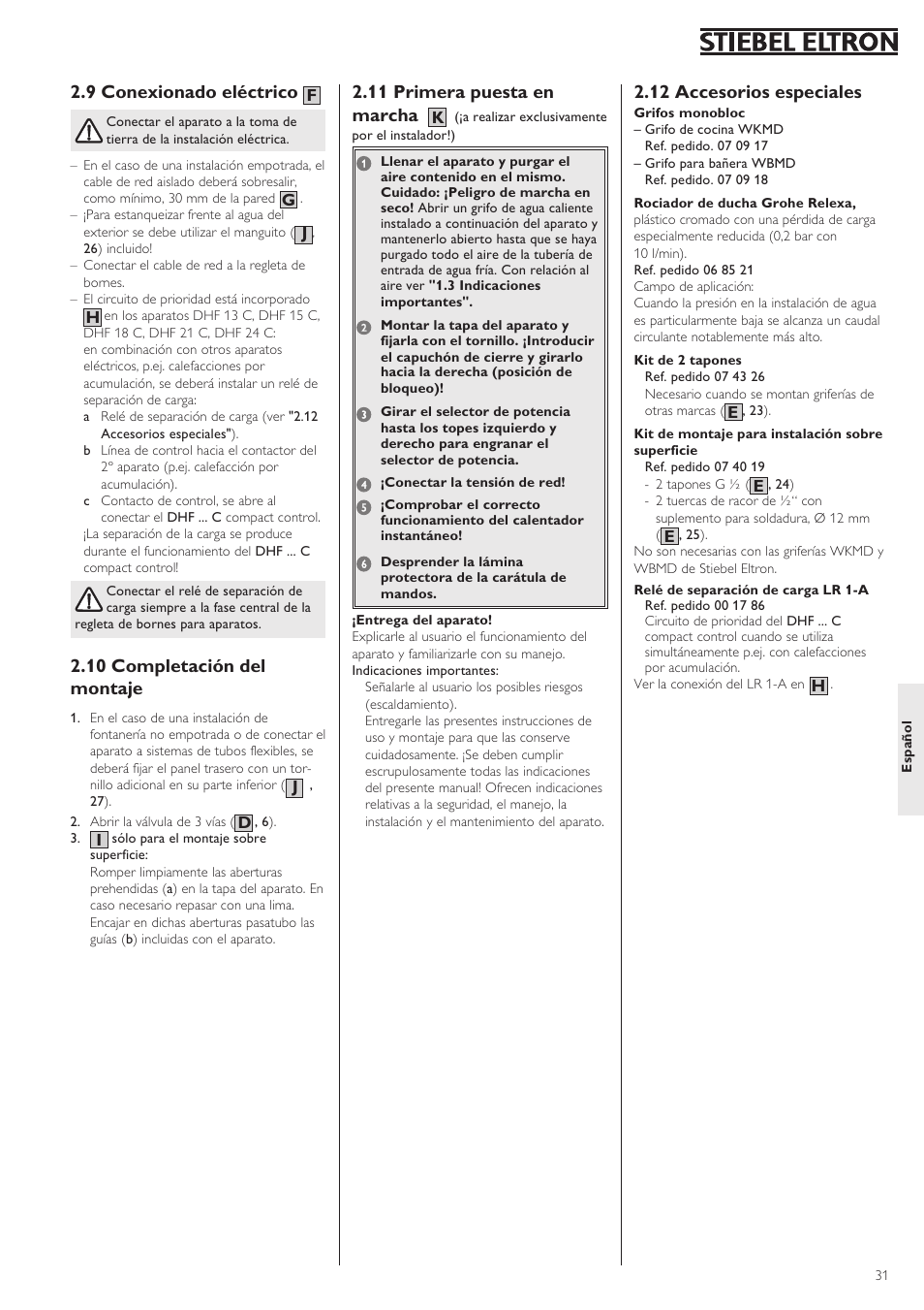 9 conexionado eléctrico, 10 completación del montaje, 11 primera puesta en marcha | 12 accesorios especiales | STIEBEL ELTRON DHF .. C 22.04.2002 - 31.01.2004 User Manual | Page 31 / 52
