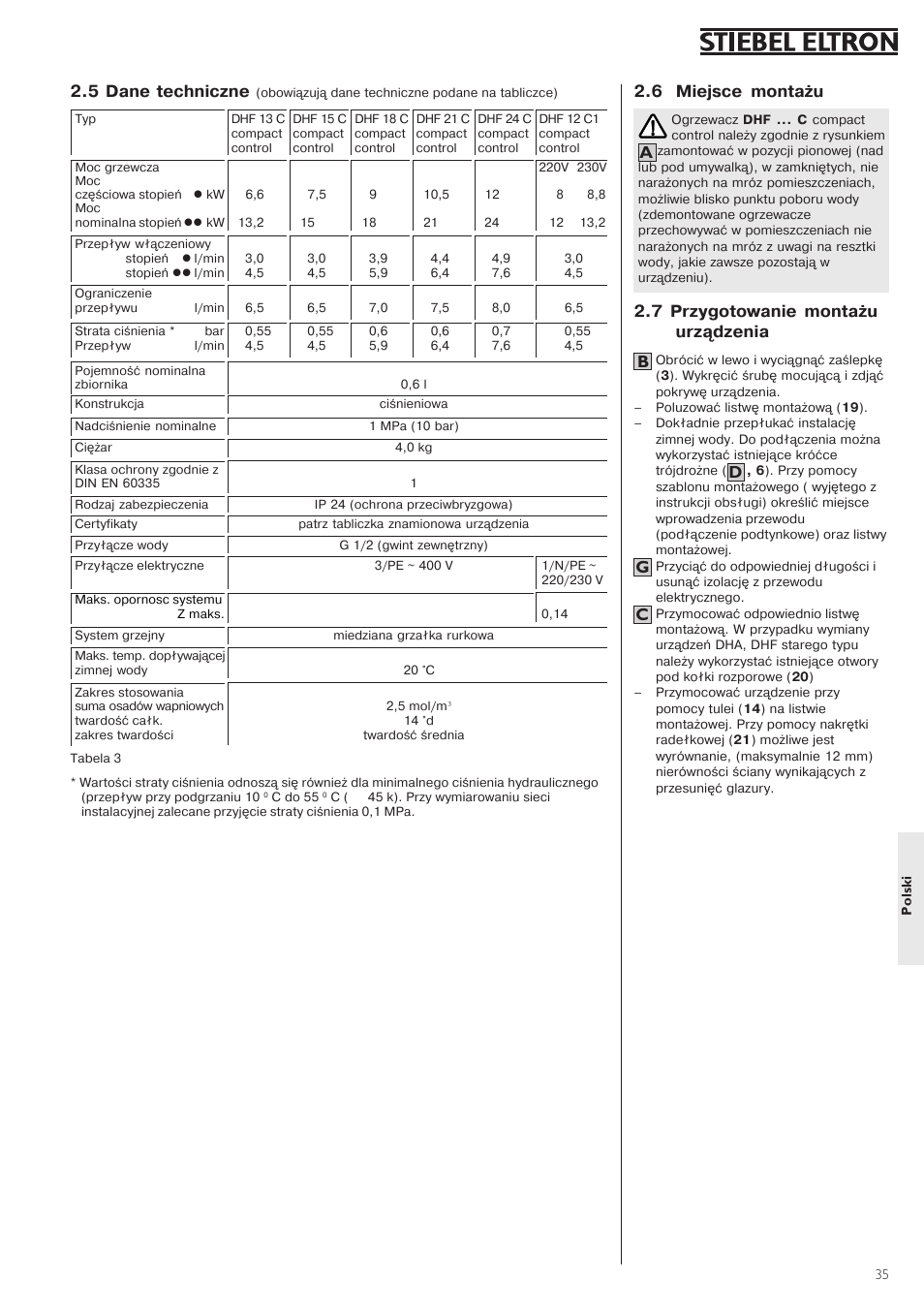 6 miejsce1montażu, 71przygotowanie1montażu urządzenia, 51dane1techniczne1 | STIEBEL ELTRON DHF .. C 22.04.2002 - 31.01.2004 User Manual | Page 35 / 52