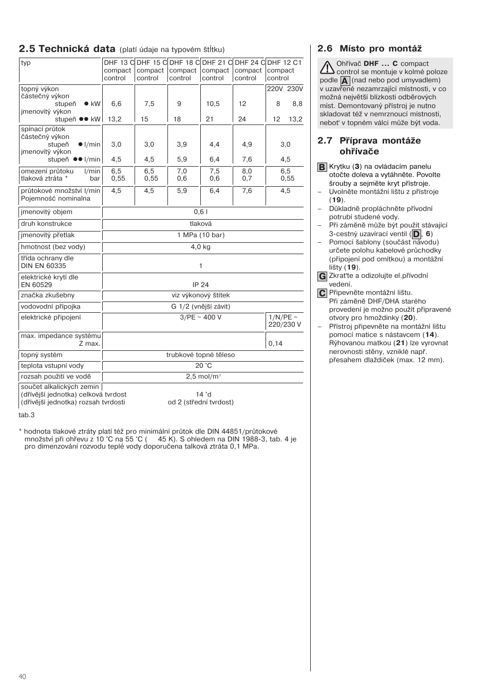 5 technická1data1, 6 místo1pro1montáž, 7 příprava1montáže ohřívače | STIEBEL ELTRON DHF .. C 22.04.2002 - 31.01.2004 User Manual | Page 40 / 52