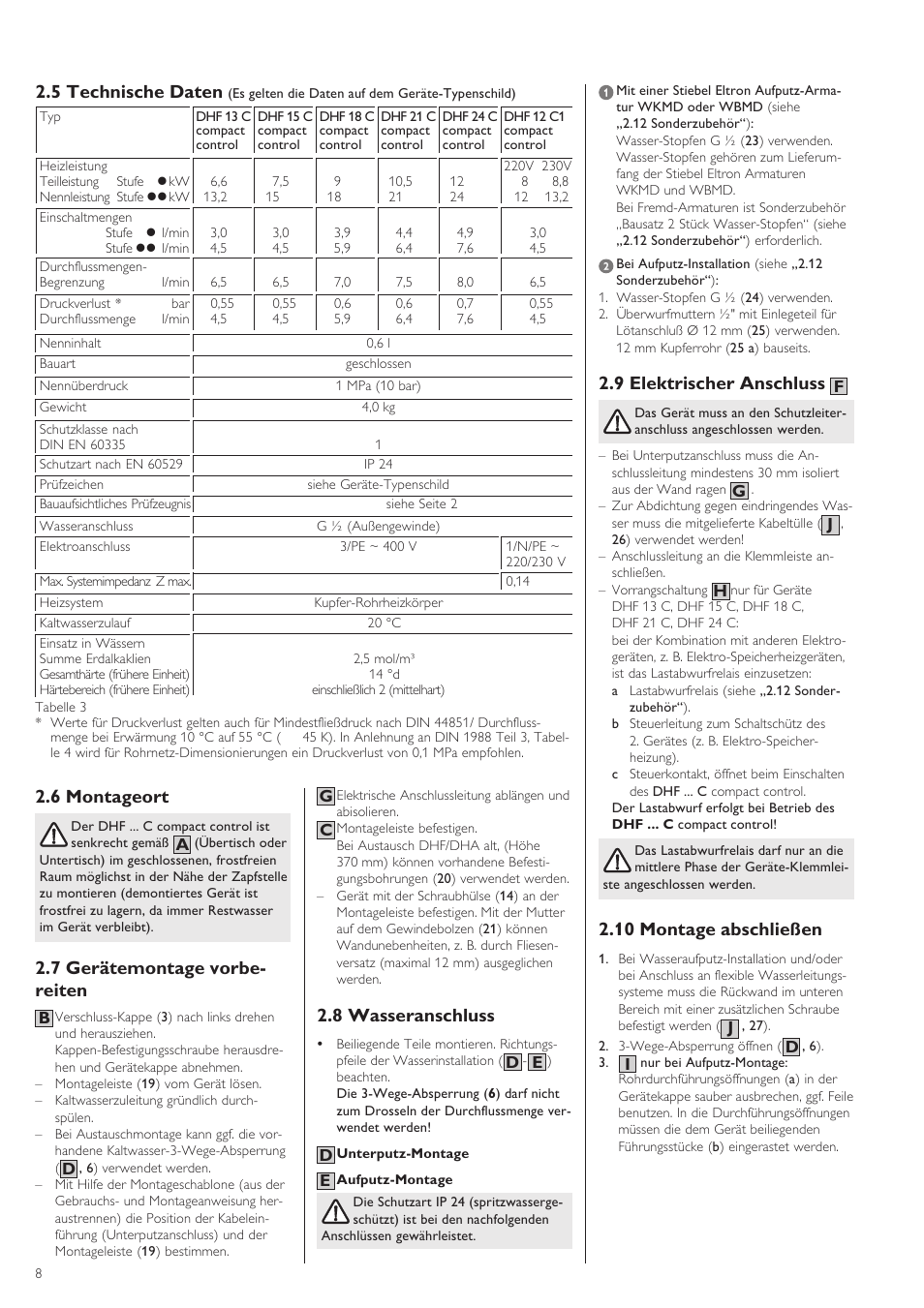 6 montageort, 7 gerätemontage vorbe- reiten, 5 technische daten | 8 wasseranschluss, 9 elektrischer anschluss, 10 montage abschließen | STIEBEL ELTRON DHF .. C 22.04.2002 - 31.01.2004 User Manual | Page 8 / 52