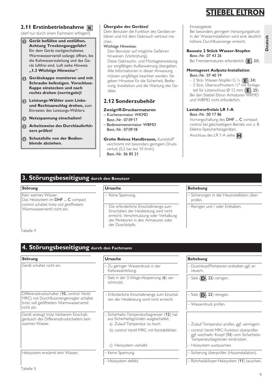 Störungsbeseitigung, 11 erstinbetriebnahme, 12 sonderzubehör | STIEBEL ELTRON DHF .. C 22.04.2002 - 31.01.2004 User Manual | Page 9 / 52