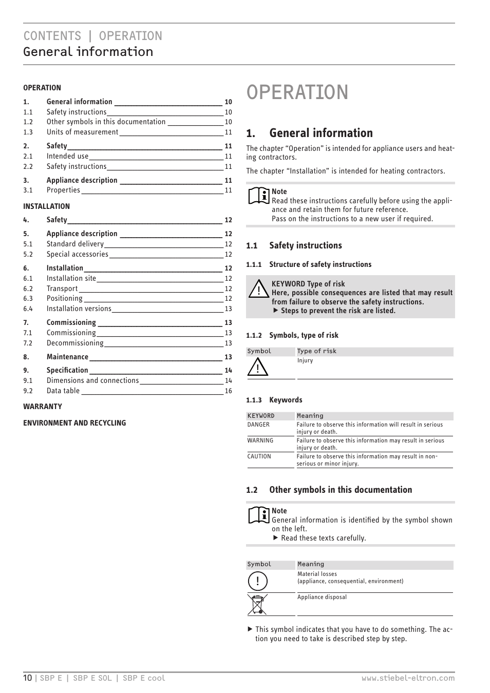 Operation, Contents | operation general information, General information | STIEBEL ELTRON SBP E 08.06.2009 - 30.09.2012 User Manual | Page 10 / 52
