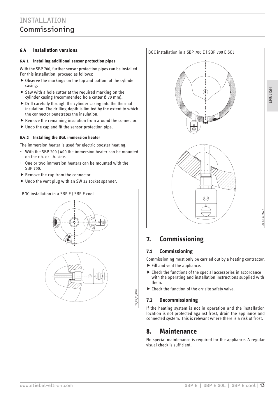 Installation commissioning, Commissioning, Maintenance | 4 installation versions, 1 commissioning, 2 decommissioning | STIEBEL ELTRON SBP E 08.06.2009 - 30.09.2012 User Manual | Page 13 / 52