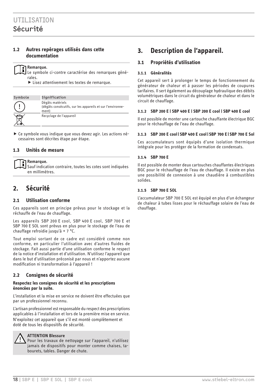 Utilisation sécurité, Sécurité, Description de l‘appareil | STIEBEL ELTRON SBP E 08.06.2009 - 30.09.2012 User Manual | Page 18 / 52
