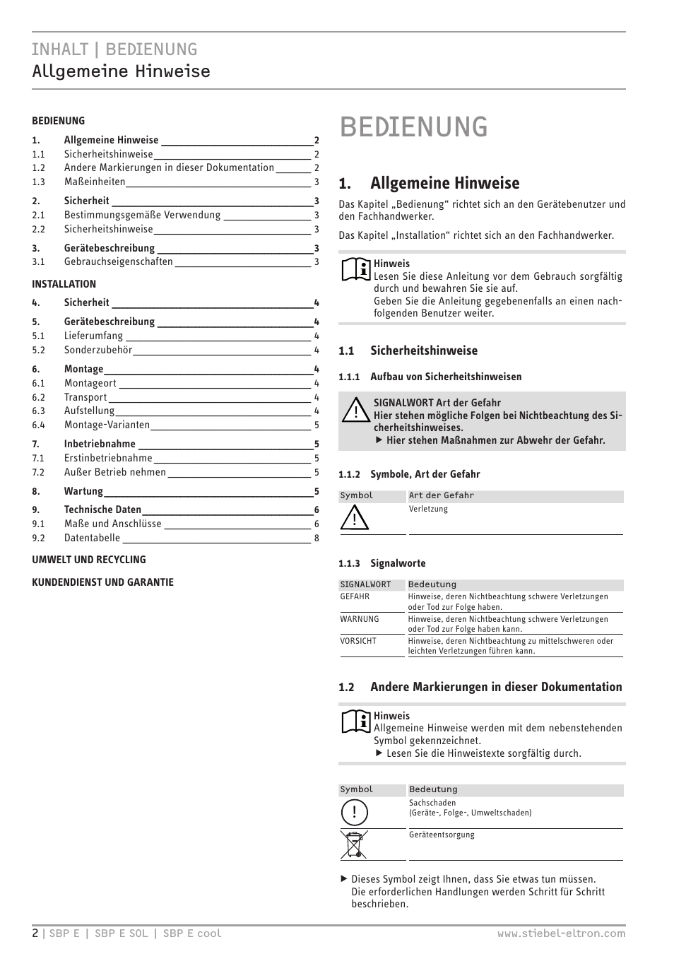 Bedienung, Inhalt | bedienung allgemeine hinweise, Allgemeine hinweise | STIEBEL ELTRON SBP E 08.06.2009 - 30.09.2012 User Manual | Page 2 / 52