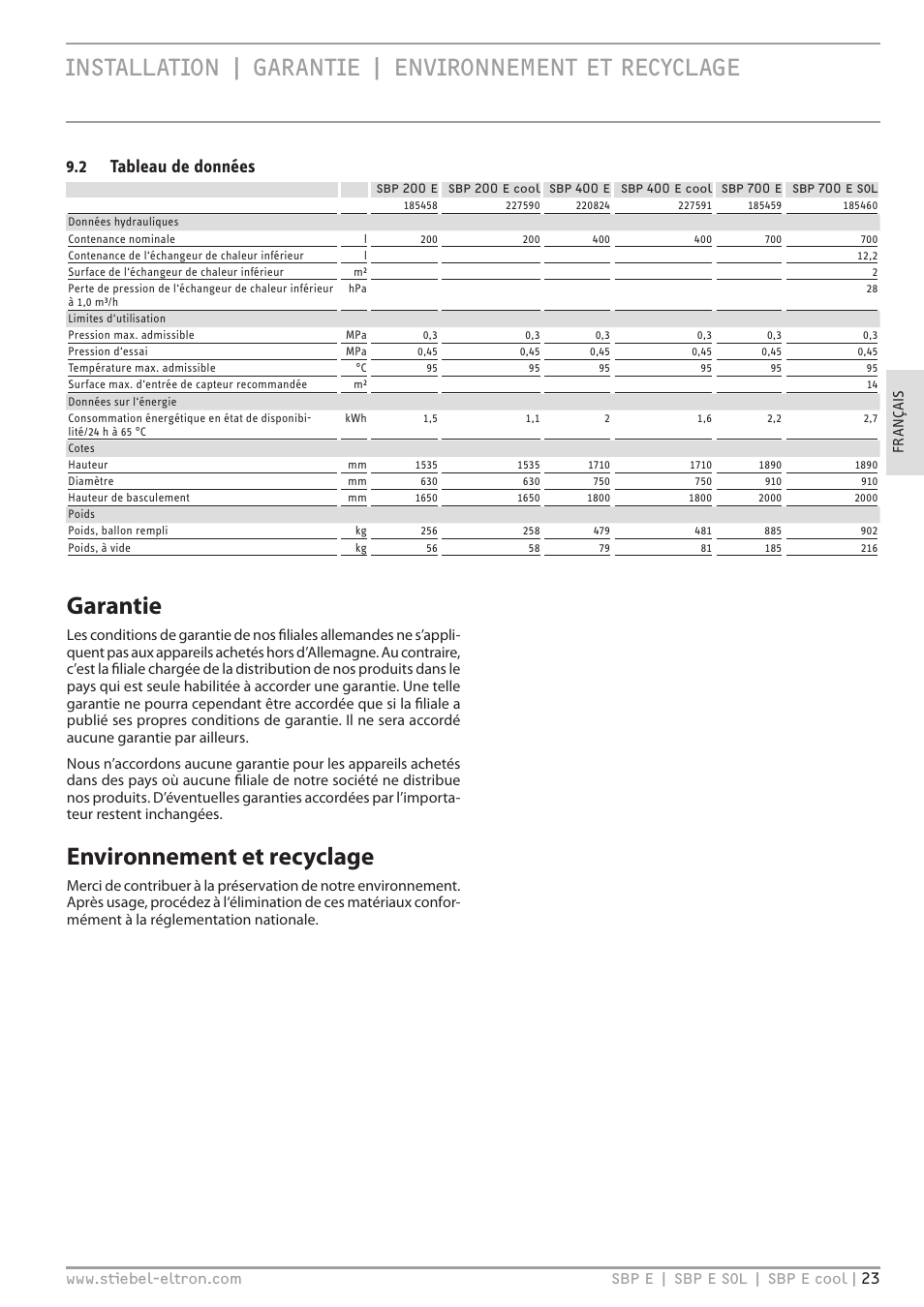 Garantie, Environnement et recyclage, 2 tableau de données | STIEBEL ELTRON SBP E 08.06.2009 - 30.09.2012 User Manual | Page 23 / 52