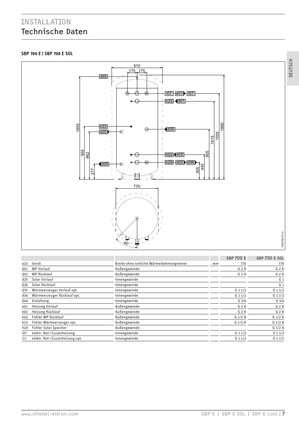 Installation technische daten | STIEBEL ELTRON SBP E 08.06.2009 - 30.09.2012 User Manual | Page 7 / 52