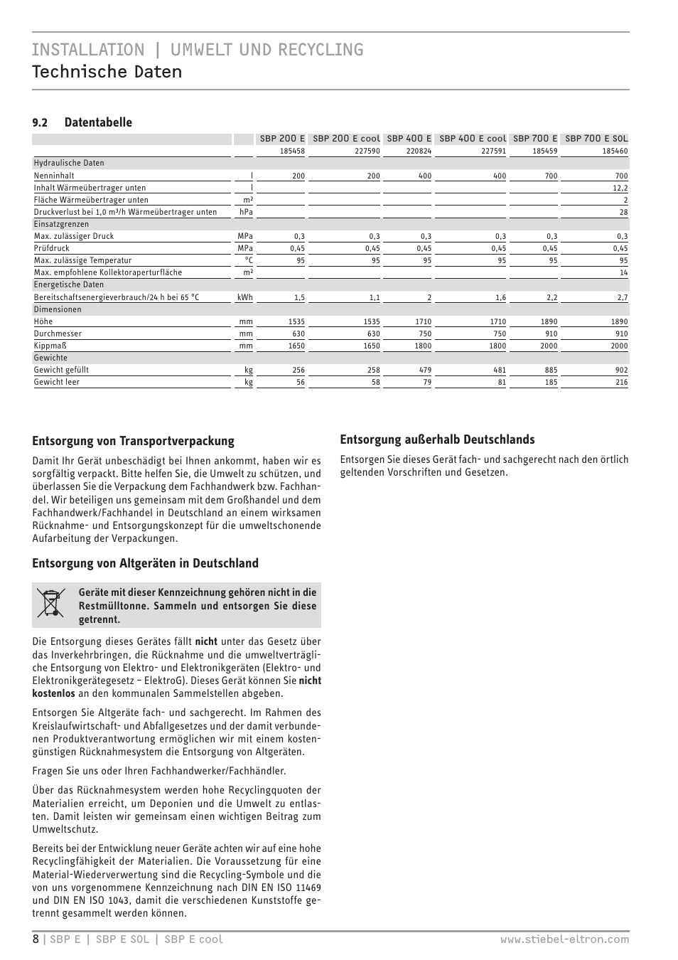 2 datentabelle, Entsorgung von transportverpackung, Entsorgung von altgeräten in deutschland | Entsorgung außerhalb deutschlands | STIEBEL ELTRON SBP E 08.06.2009 - 30.09.2012 User Manual | Page 8 / 52