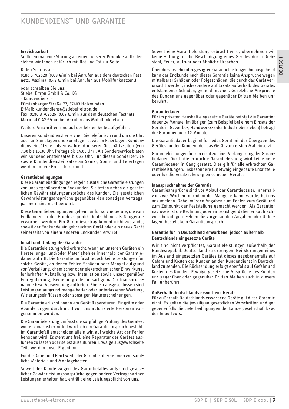 Kundendienst und garantie | STIEBEL ELTRON SBP E 08.06.2009 - 30.09.2012 User Manual | Page 9 / 52