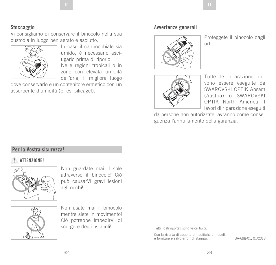 Stoccaggio, Per la vostra sicurezza, Avvertenze generali | Swarovski Optik CL Companion User Manual | Page 17 / 47