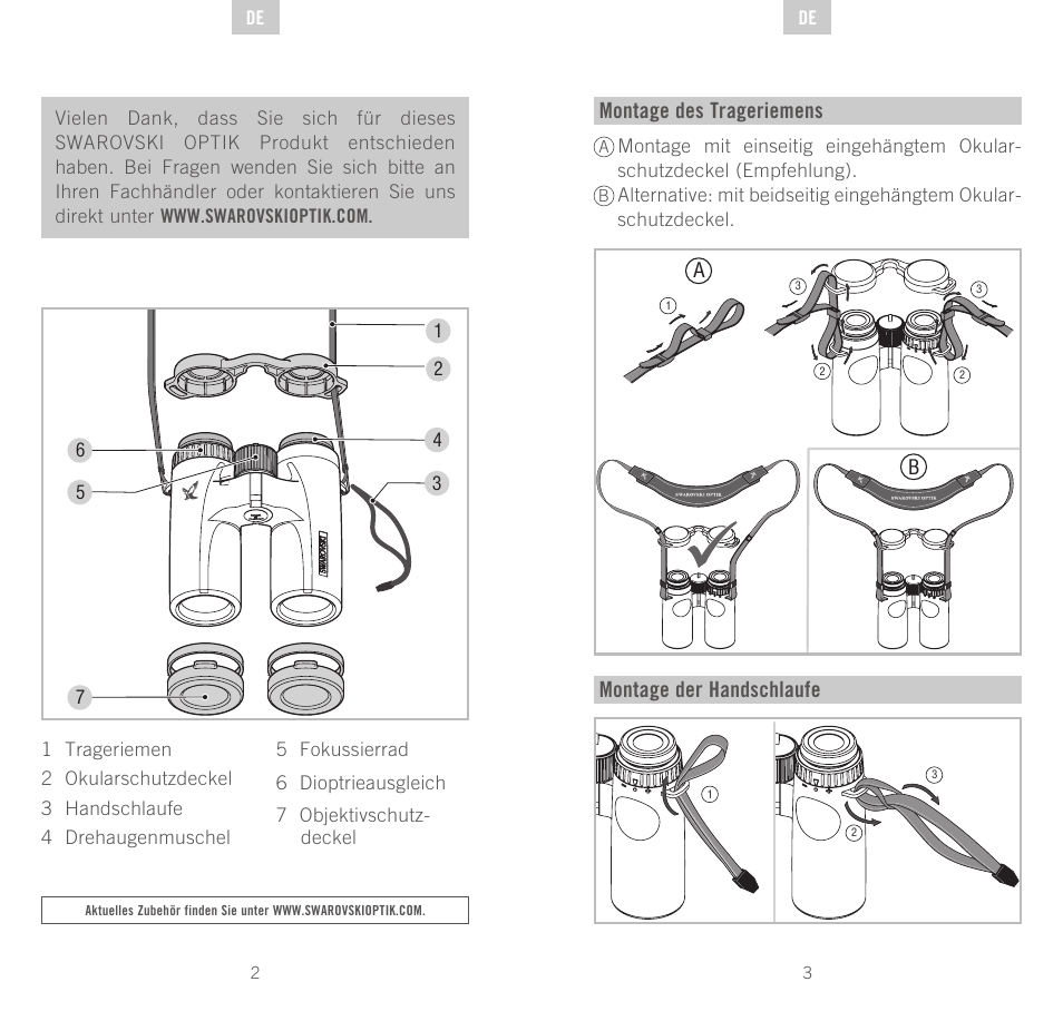 Montage des trageriemens, Montage der handschlaufe | Swarovski Optik CL Companion User Manual | Page 2 / 47