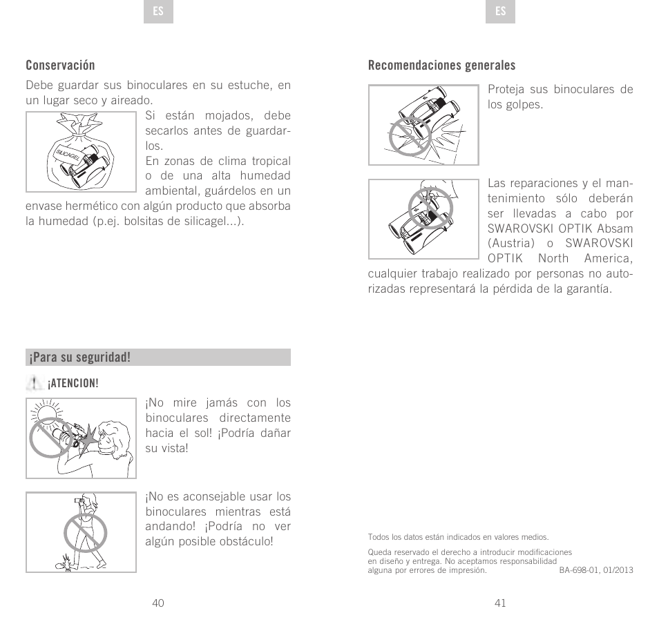 Conservación, Para su seguridad, Recomendaciones generales | Swarovski Optik CL Companion User Manual | Page 21 / 47