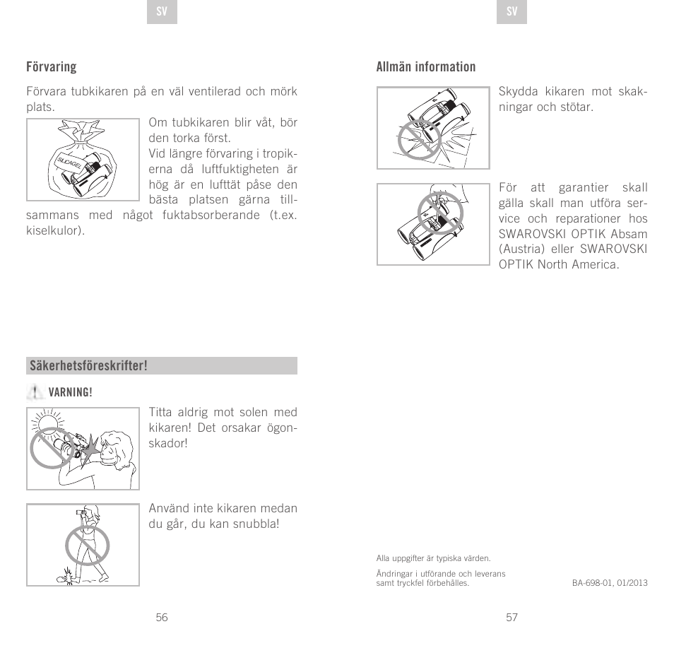 Förvaring, Säkerhetsföreskrifter, Allmän information | Swarovski Optik CL Companion User Manual | Page 29 / 47