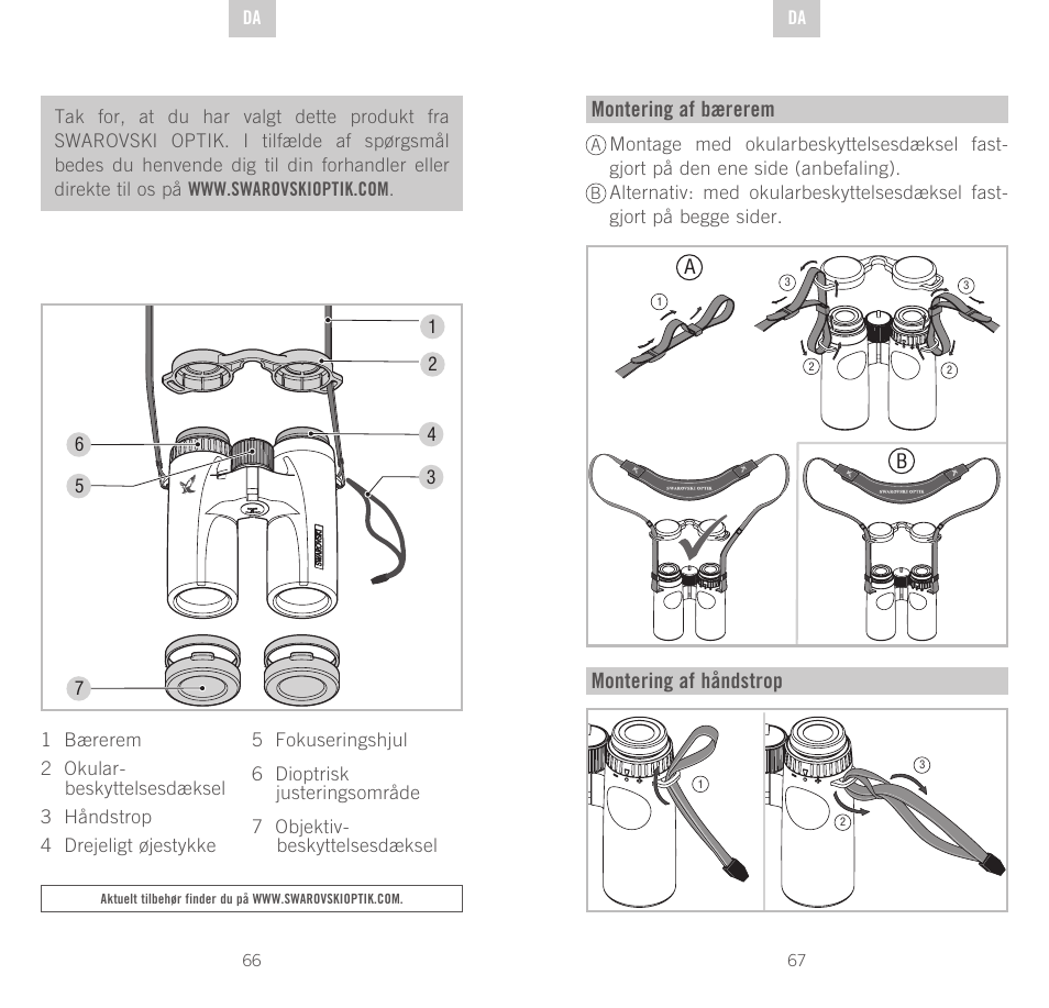 Montering af bærerem, Montering af håndstrop | Swarovski Optik CL Companion User Manual | Page 34 / 47