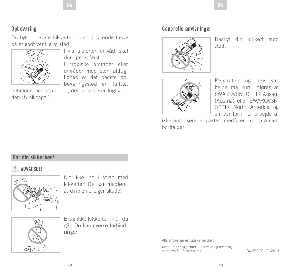 Opbevaring, For din sikkerhed, Generelle anvisninger | Swarovski Optik CL Companion User Manual | Page 37 / 47