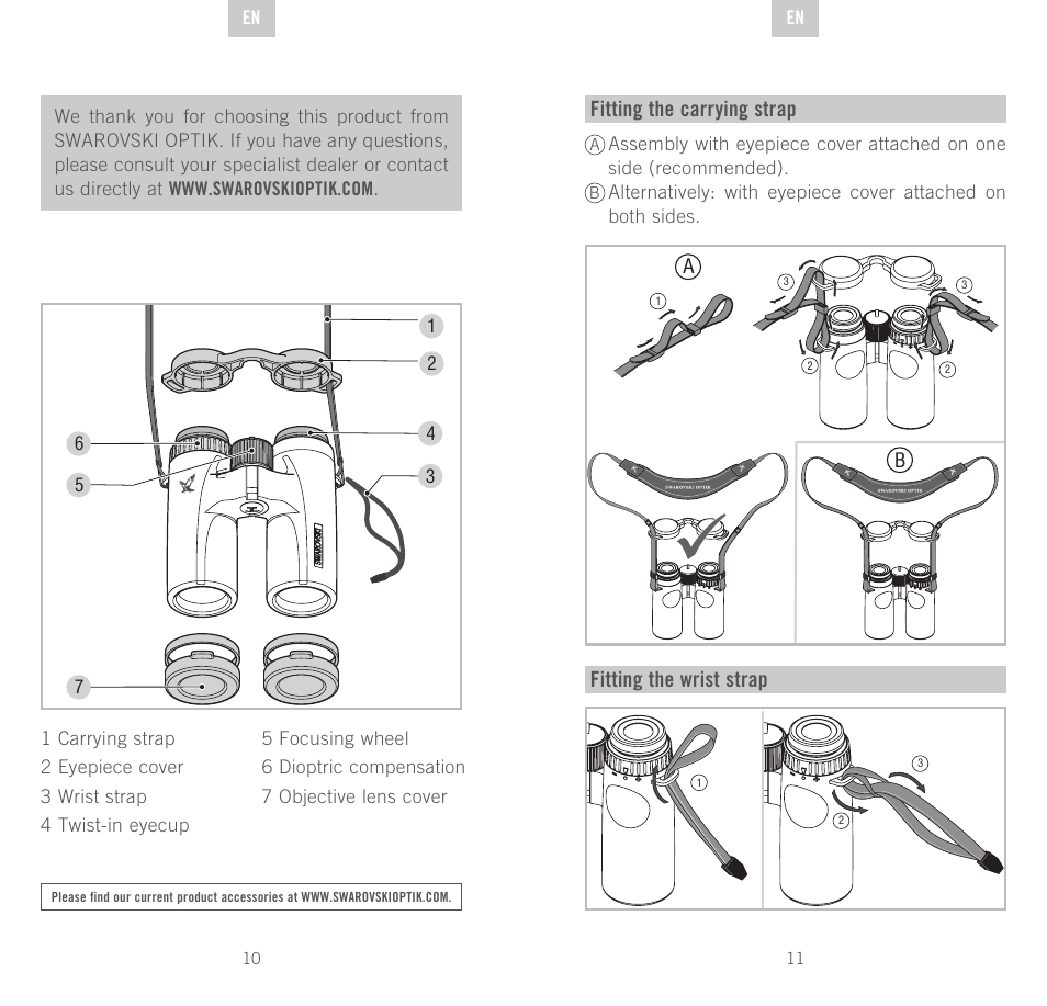 Fitting the carrying strap, Fitting the wrist strap | Swarovski Optik CL Companion User Manual | Page 6 / 47