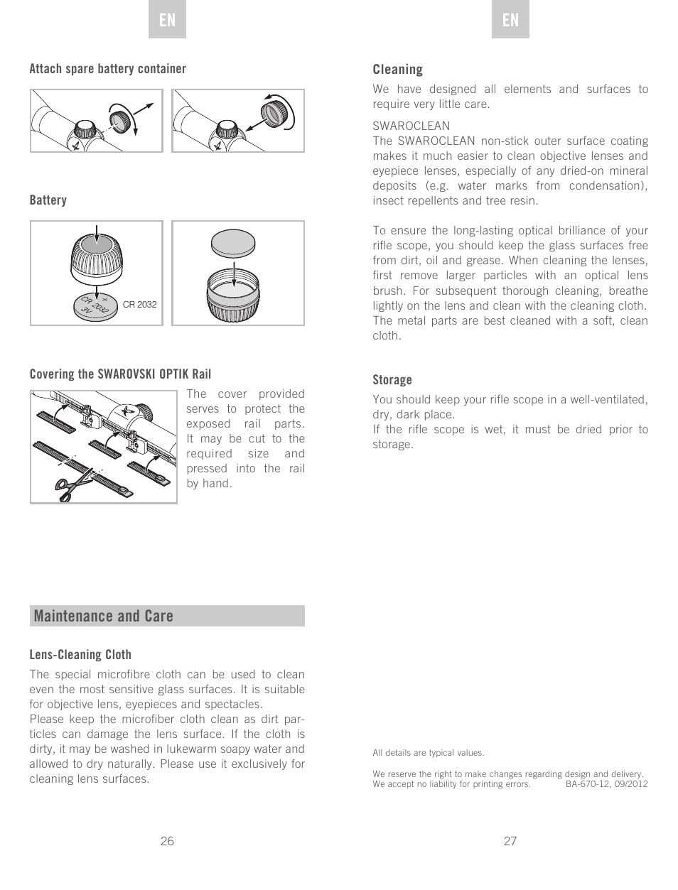 De en en, Maintenance and care | Swarovski Optik Z6(i) 5-30x50 P (BT) User Manual | Page 14 / 71