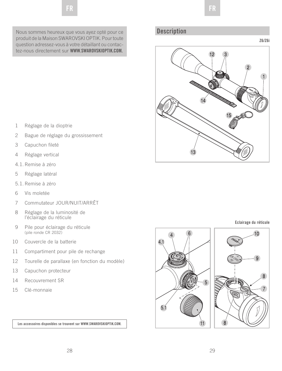 De fr fr, Description | Swarovski Optik Z6(i) 5-30x50 P (BT) User Manual | Page 15 / 71