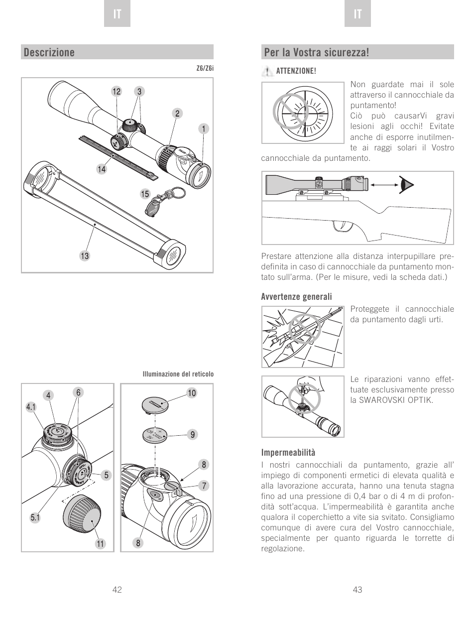 De it it, Descrizione, Per la vostra sicurezza | Swarovski Optik Z6(i) 5-30x50 P (BT) User Manual | Page 22 / 71