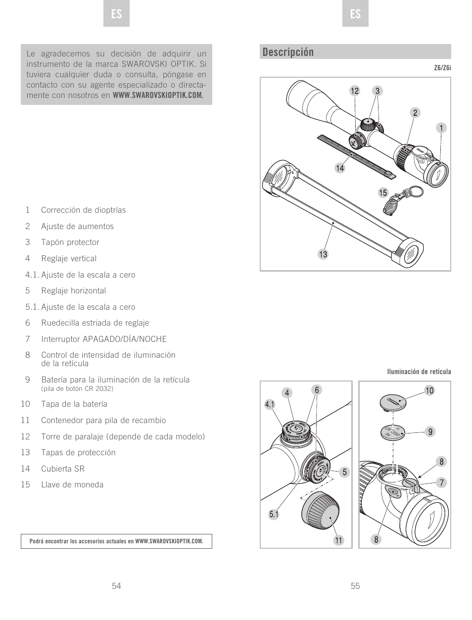 De es es, Descripción | Swarovski Optik Z6(i) 5-30x50 P (BT) User Manual | Page 28 / 71