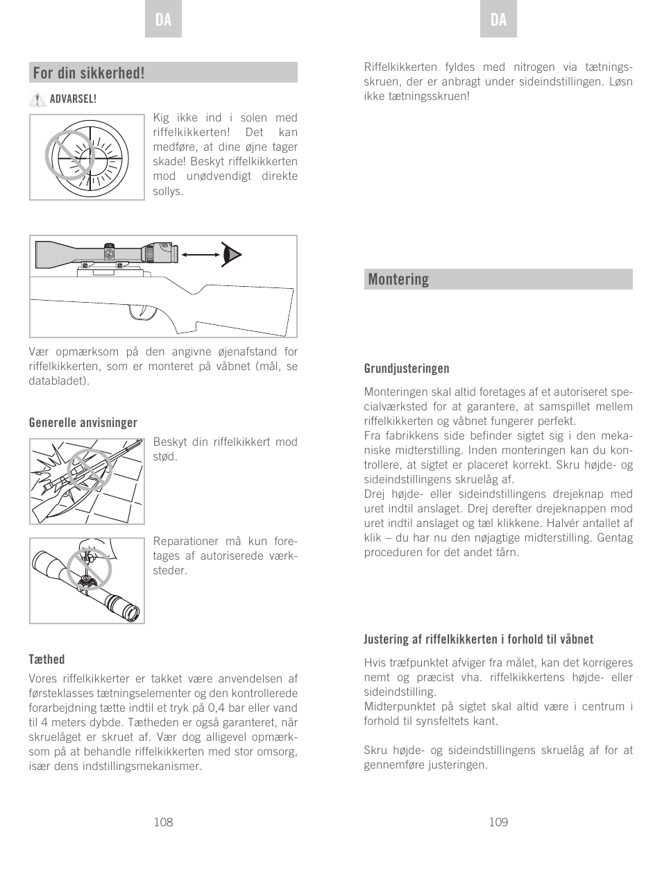 De da da, For din sikkerhed, Montering | Swarovski Optik Z6(i) 5-30x50 P (BT) User Manual | Page 55 / 71