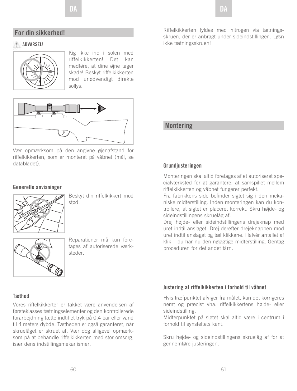 De en en, For din sikkerhed, Montering | Swarovski Optik Z3 4-12x50 User Manual | Page 31 / 43