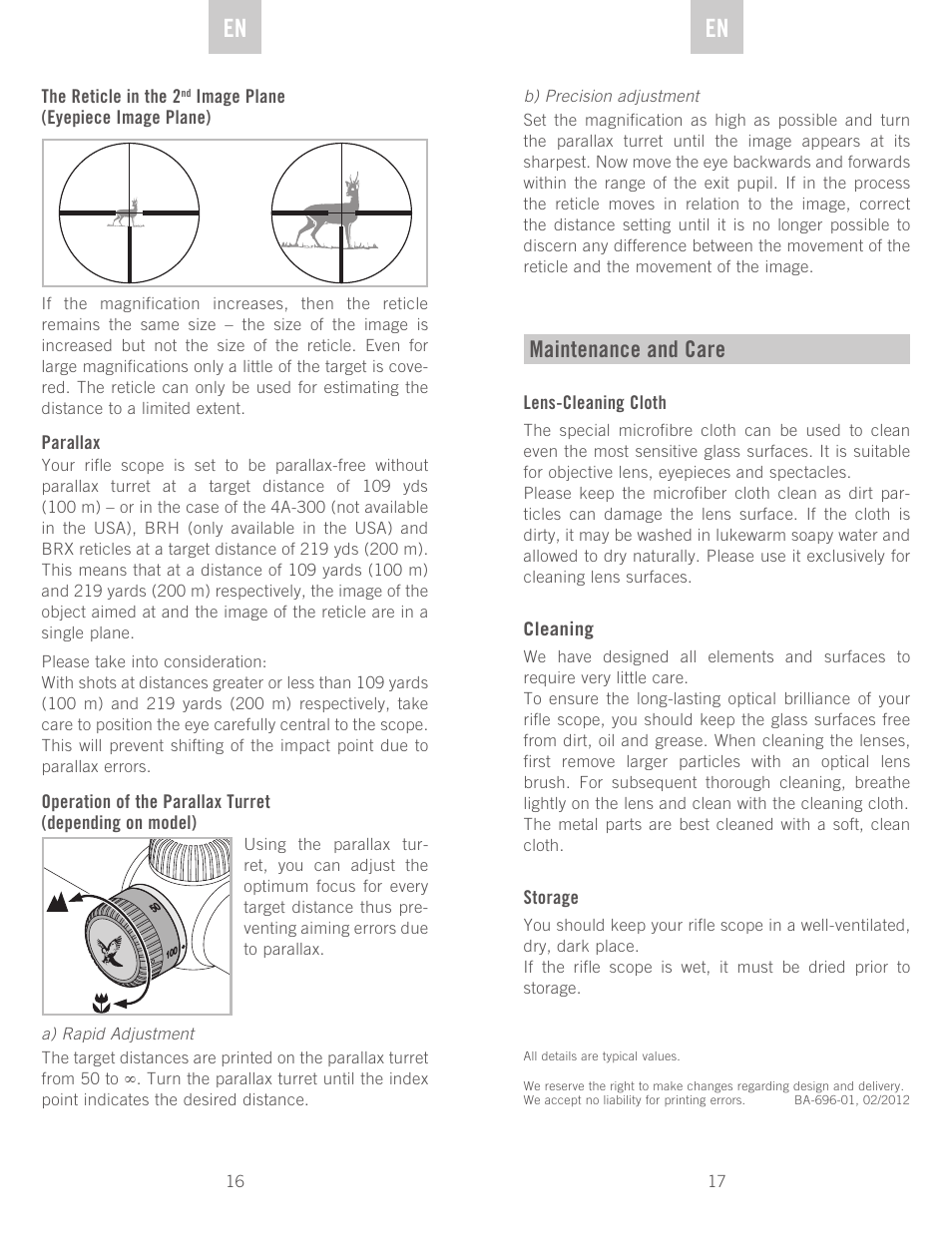 De en en, Maintenance and care | Swarovski Optik Z3 4-12x50 User Manual | Page 9 / 43