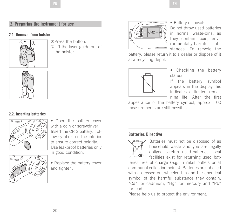 Preparing the instrument for use, Batteries directive, De en en | Swarovski Optik Rangefinder User Manual | Page 11 / 83