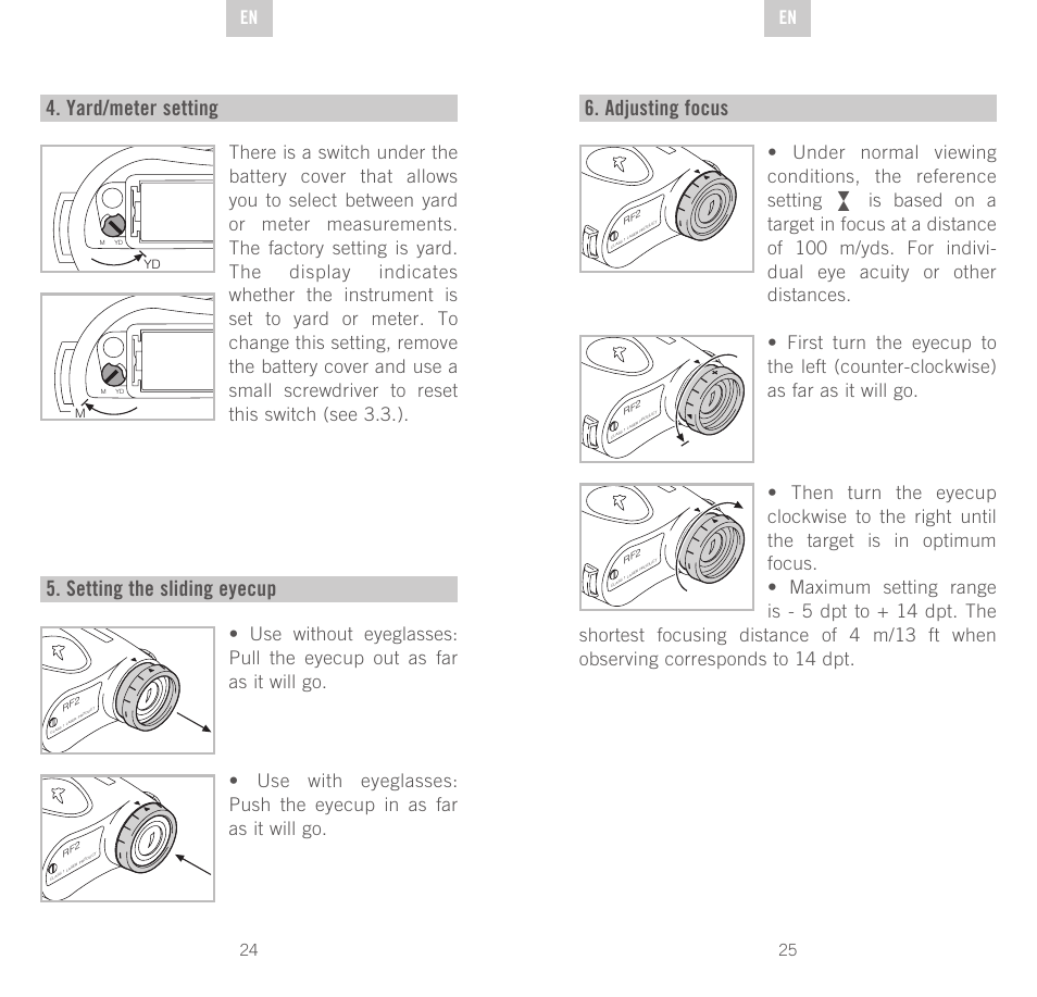 Yard/meter setting, Setting the sliding eyecup, Adjusting focus | De en en | Swarovski Optik Rangefinder User Manual | Page 13 / 83