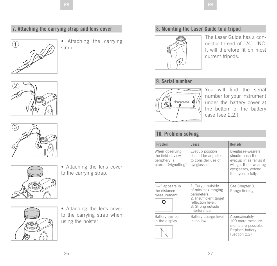 Attaching the carrying strap and lens cover, 21 8. mounting the laser guide to a tripod, Serial number | Problem solving | Swarovski Optik Rangefinder User Manual | Page 14 / 83