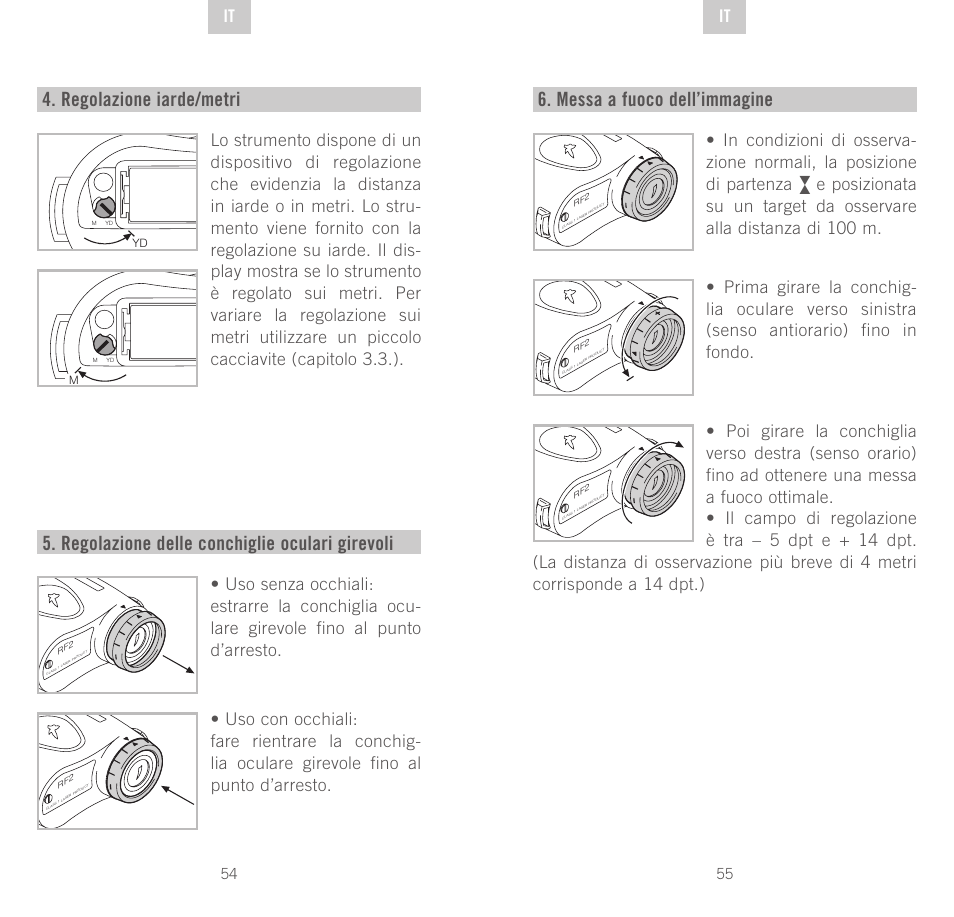 Regolazione iarde/metri, Regolazione delle conchiglie oculari girevoli, Messa a fuoco dell’immagine | De it it | Swarovski Optik Rangefinder User Manual | Page 28 / 83