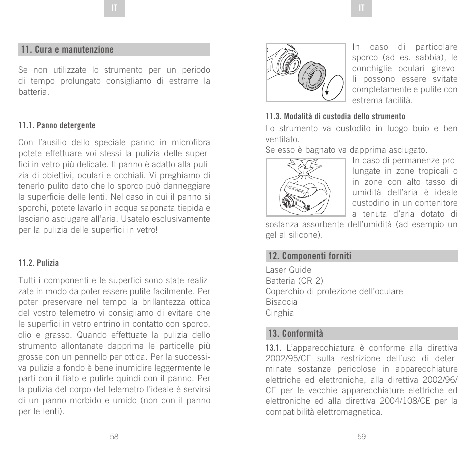 Cura e manutenzione, Componenti forniti, Conformità | Swarovski Optik Rangefinder User Manual | Page 30 / 83