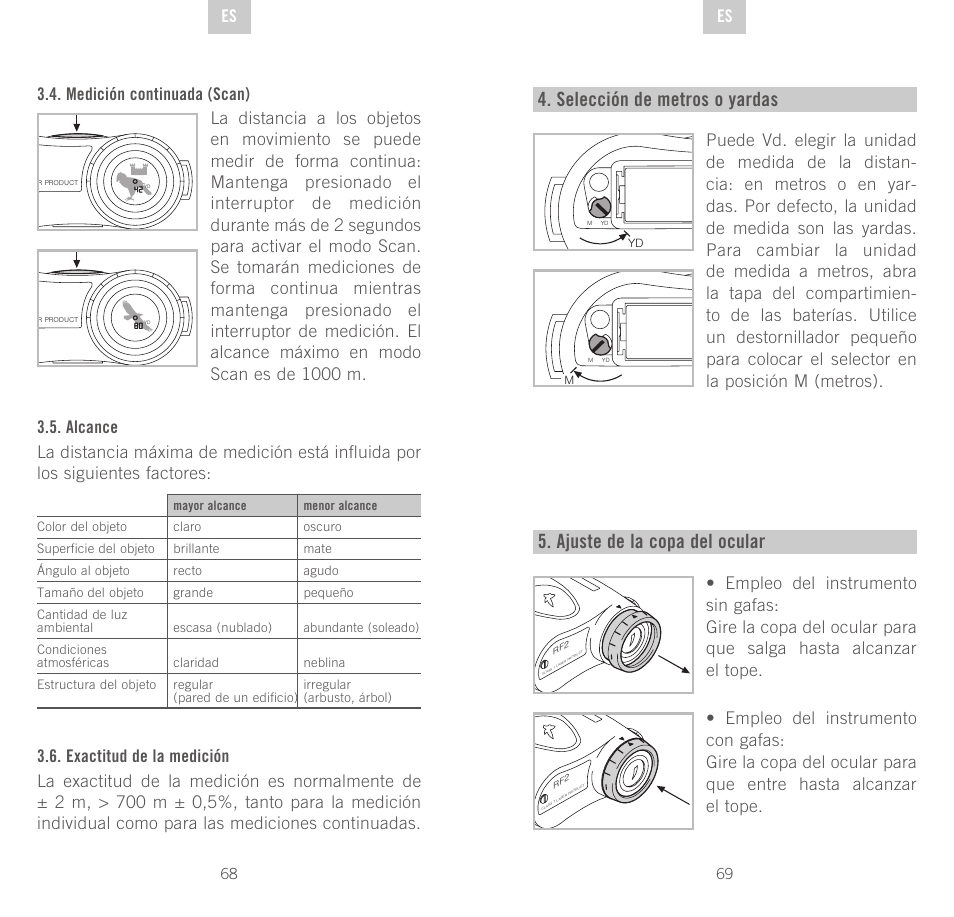 Selección de metros o yardas, Ajuste de la copa del ocular, De es es | Swarovski Optik Rangefinder User Manual | Page 35 / 83