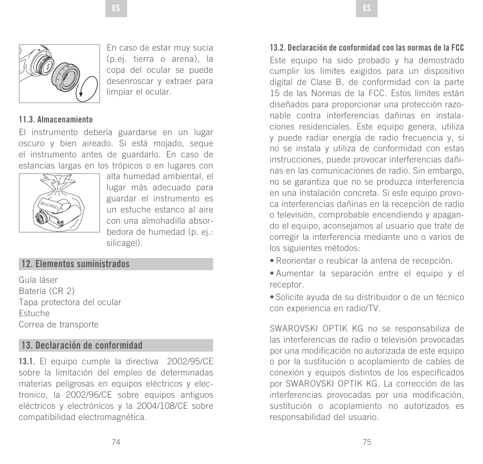 Elementos suministrados, Declaración de conformidad | Swarovski Optik Rangefinder User Manual | Page 38 / 83