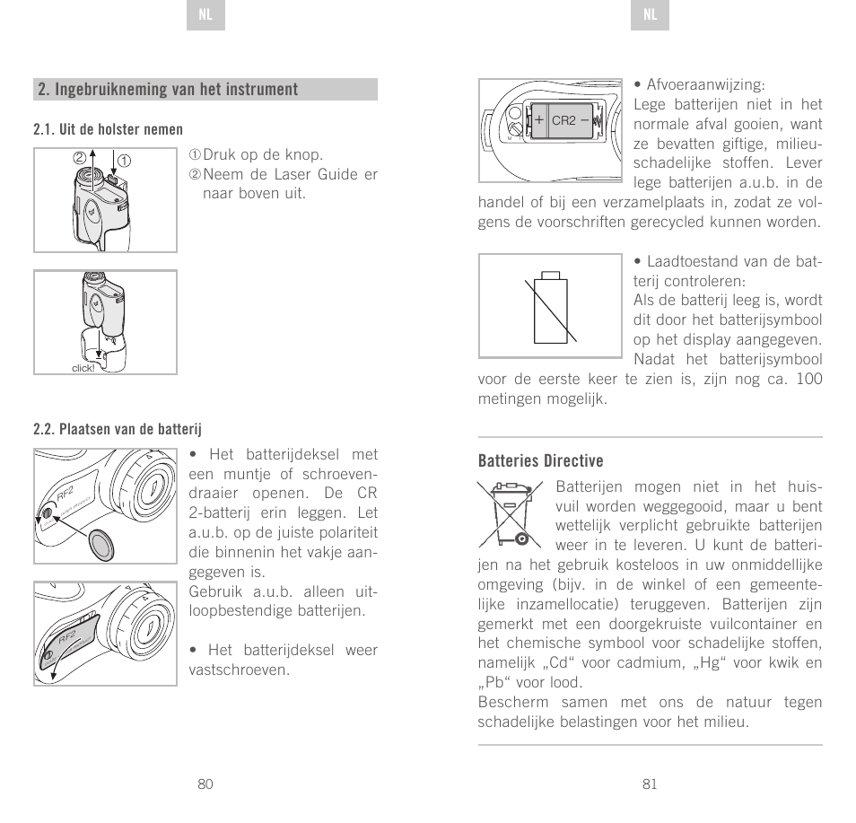 Batteries directive, Ingebruikneming van het instrument | Swarovski Optik Rangefinder User Manual | Page 41 / 83