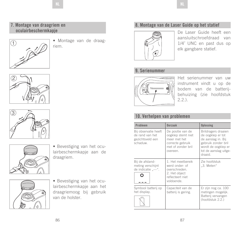 Montage van draagriem en oculairbeschermkapje, 21 8. montage van de laser guide op het statief, Serienummer | Verhelpen van problemen | Swarovski Optik Rangefinder User Manual | Page 44 / 83