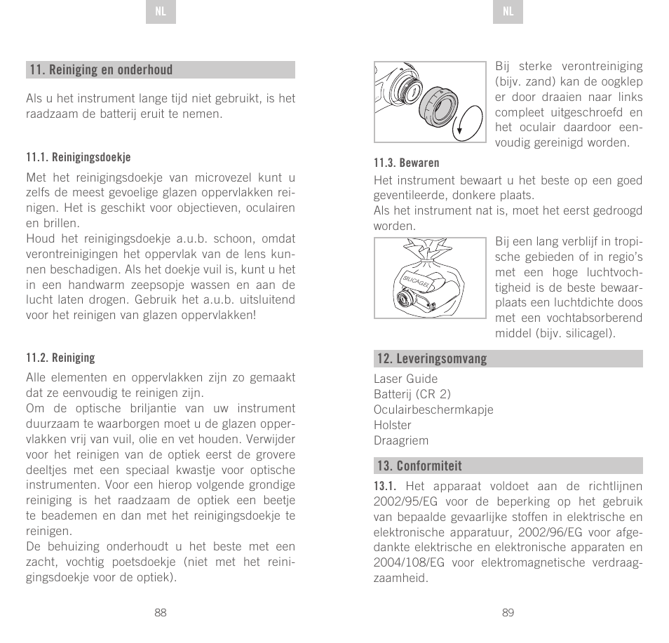 Reiniging en onderhoud, Leveringsomvang, Conformiteit | Swarovski Optik Rangefinder User Manual | Page 45 / 83