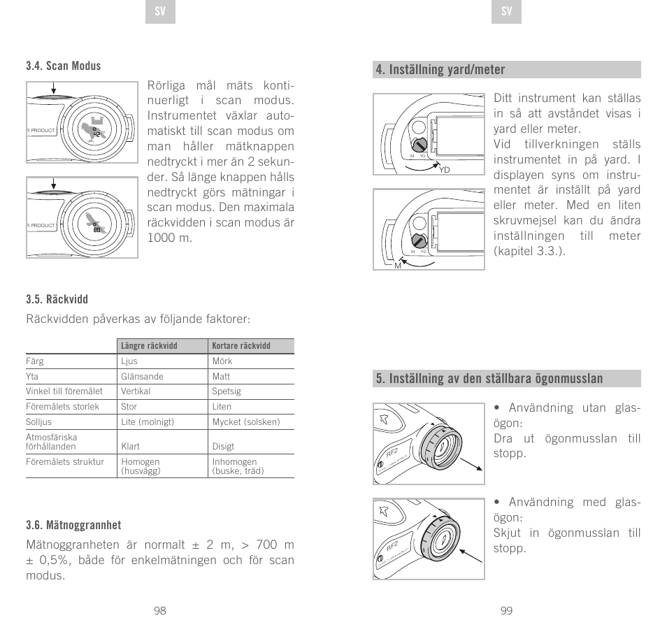 Inställning yard/meter, Inställning av den ställbara ögonmusslan, De sv sv | Swarovski Optik Rangefinder User Manual | Page 50 / 83