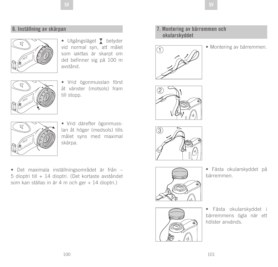 Montering av bärremmen och okularskyddet, 21 3 6. inställning av skärpan, De sv sv | Swarovski Optik Rangefinder User Manual | Page 51 / 83
