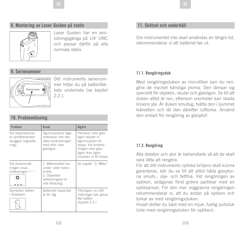 Skötsel och underhåll, Montering av laser guiden på stativ, Serienummer | Problemlösning | Swarovski Optik Rangefinder User Manual | Page 52 / 83