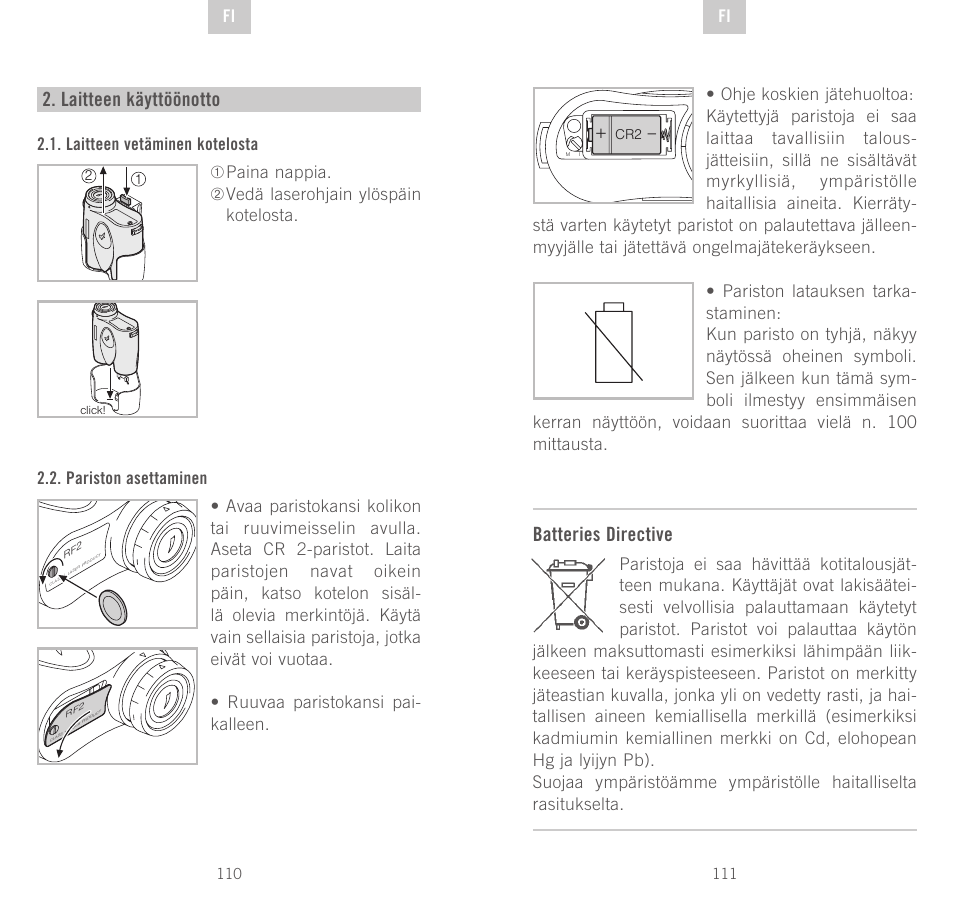 Batteries directive, Laitteen käyttöönotto | Swarovski Optik Rangefinder User Manual | Page 56 / 83