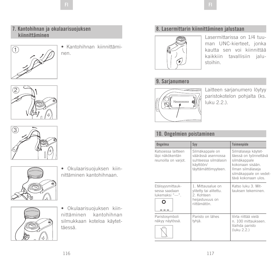 Kantohihnan ja okulaarisuojuksen kiinnittäminen, 21 8. lasermittarin kiinnittäminen jalustaan, Sarjanumero | Ongelmien poistaminen | Swarovski Optik Rangefinder User Manual | Page 59 / 83