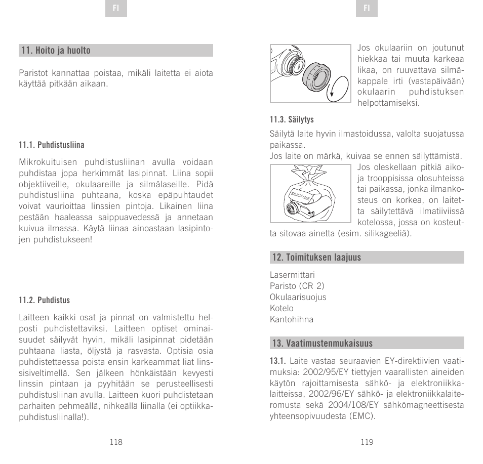 Hoito ja huolto, Toimituksen laajuus, Vaatimustenmukaisuus | Swarovski Optik Rangefinder User Manual | Page 60 / 83